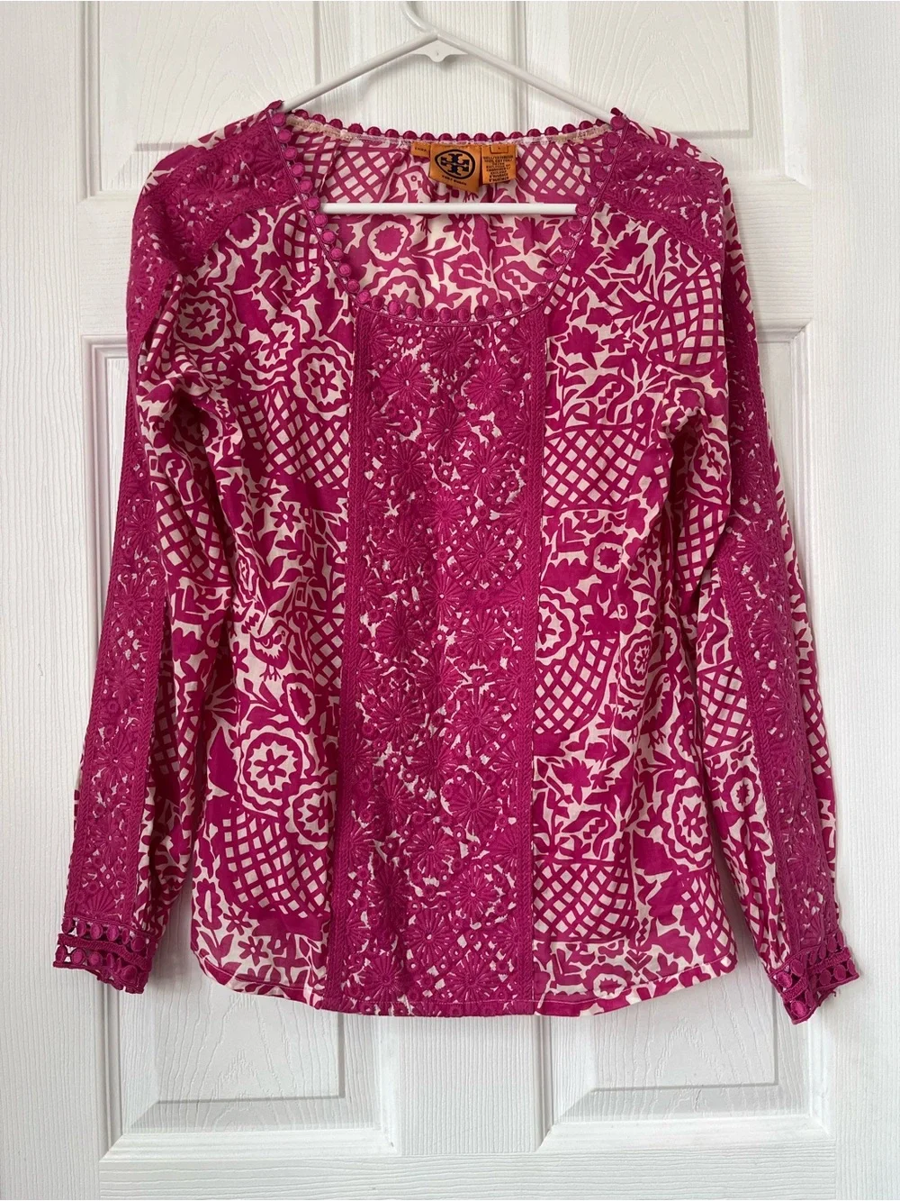 Tory Burch Pink Floral Lace-Trim Long-Sleeve Top blouse size 2